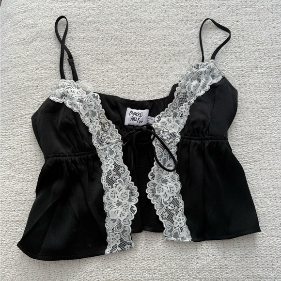 Princess Polly Tops - Princess Polly Black Cami with White Lace Trim and Front Tie